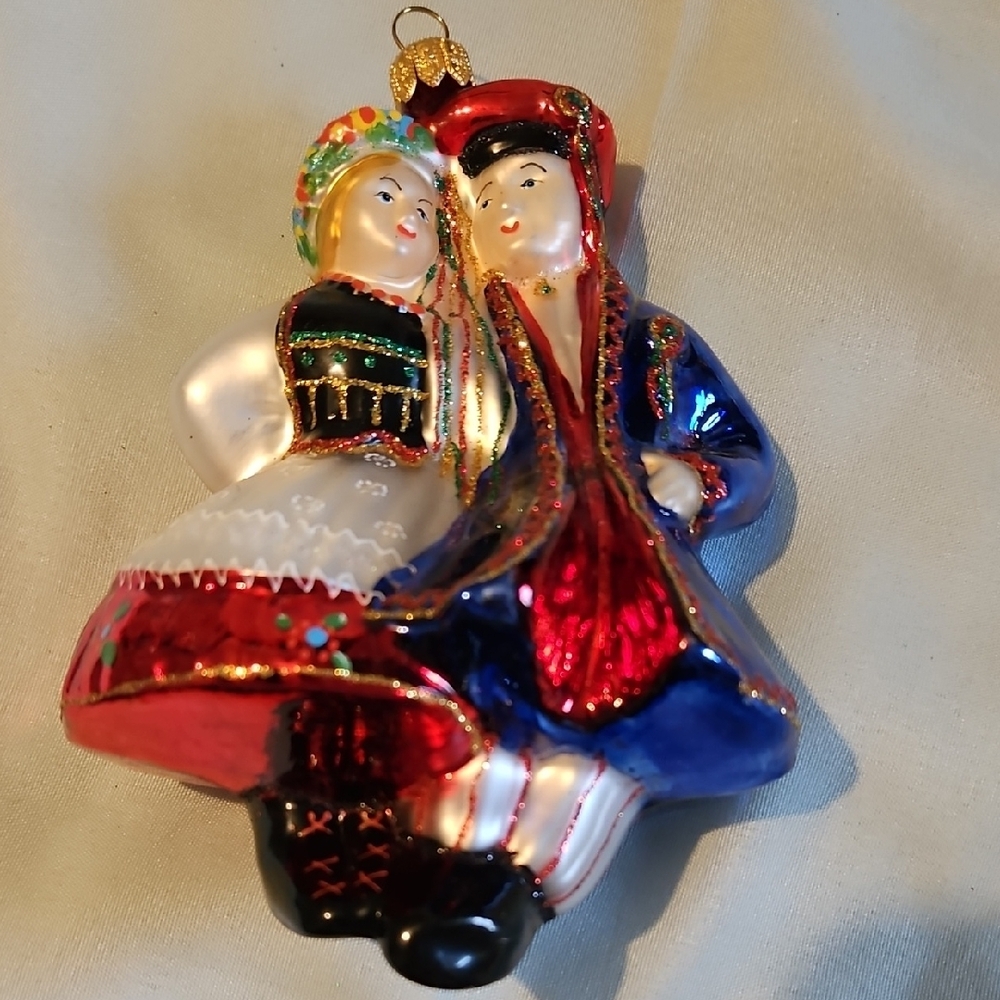 Polish Dancing Couple Blown Glass Ornament.